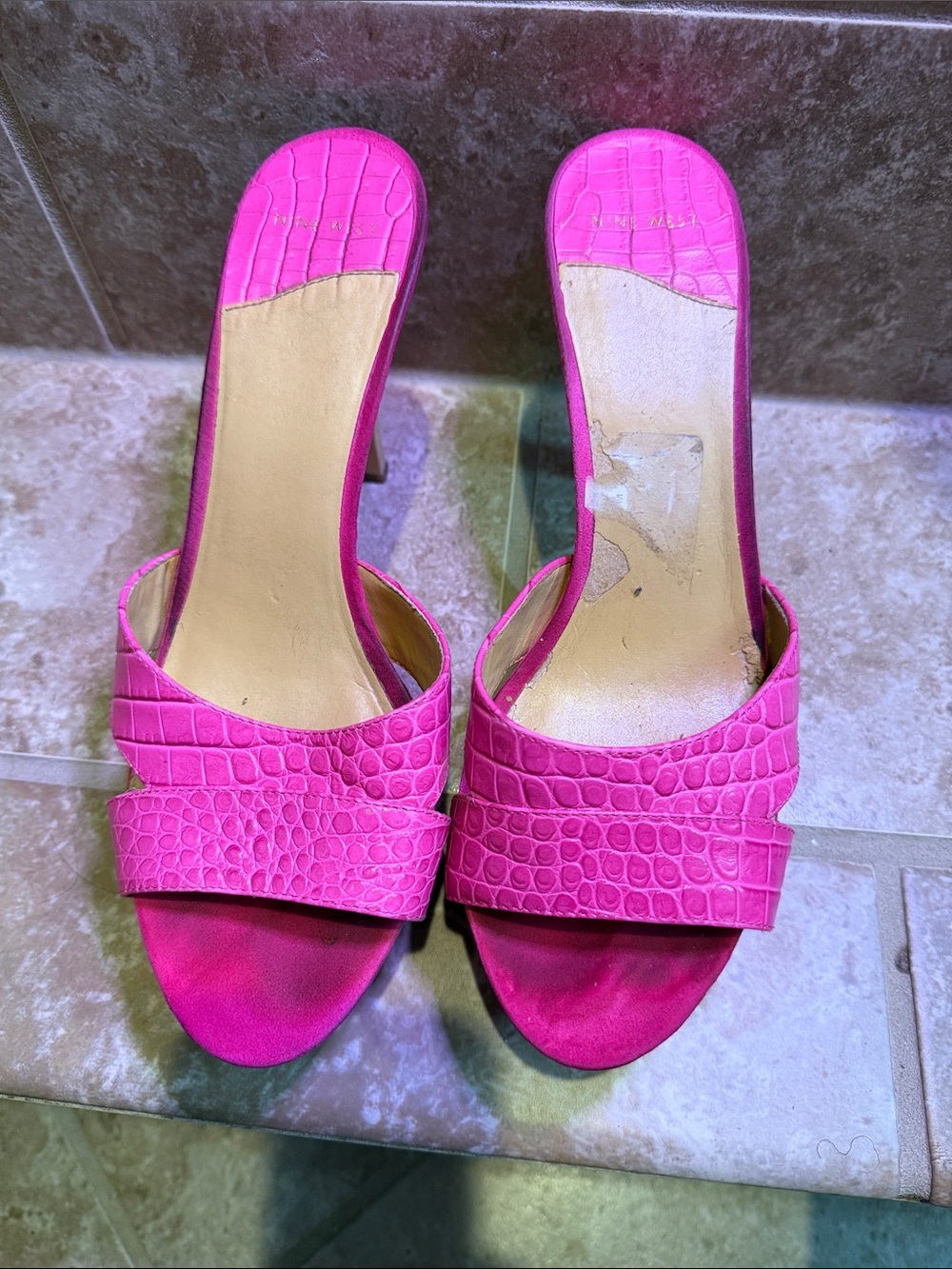 Nine West Hot Pink Croc-Embossed Leather Upper Slide Heels